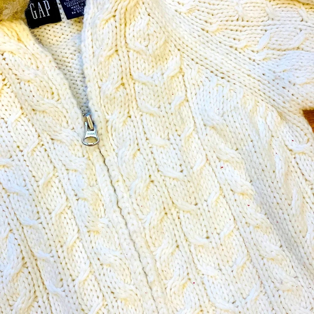 Gap White Cable Knit Zip Cardigan Sweater XS 4 Girls Faux Fur Hood